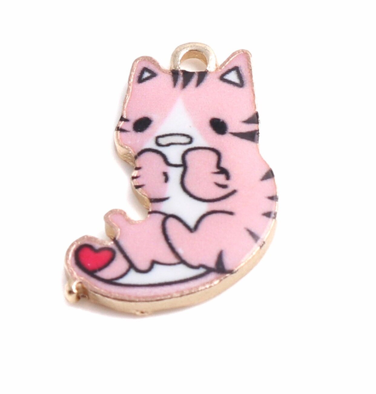 Pink cat charm. enamel cat with heart pendant charm with gold back