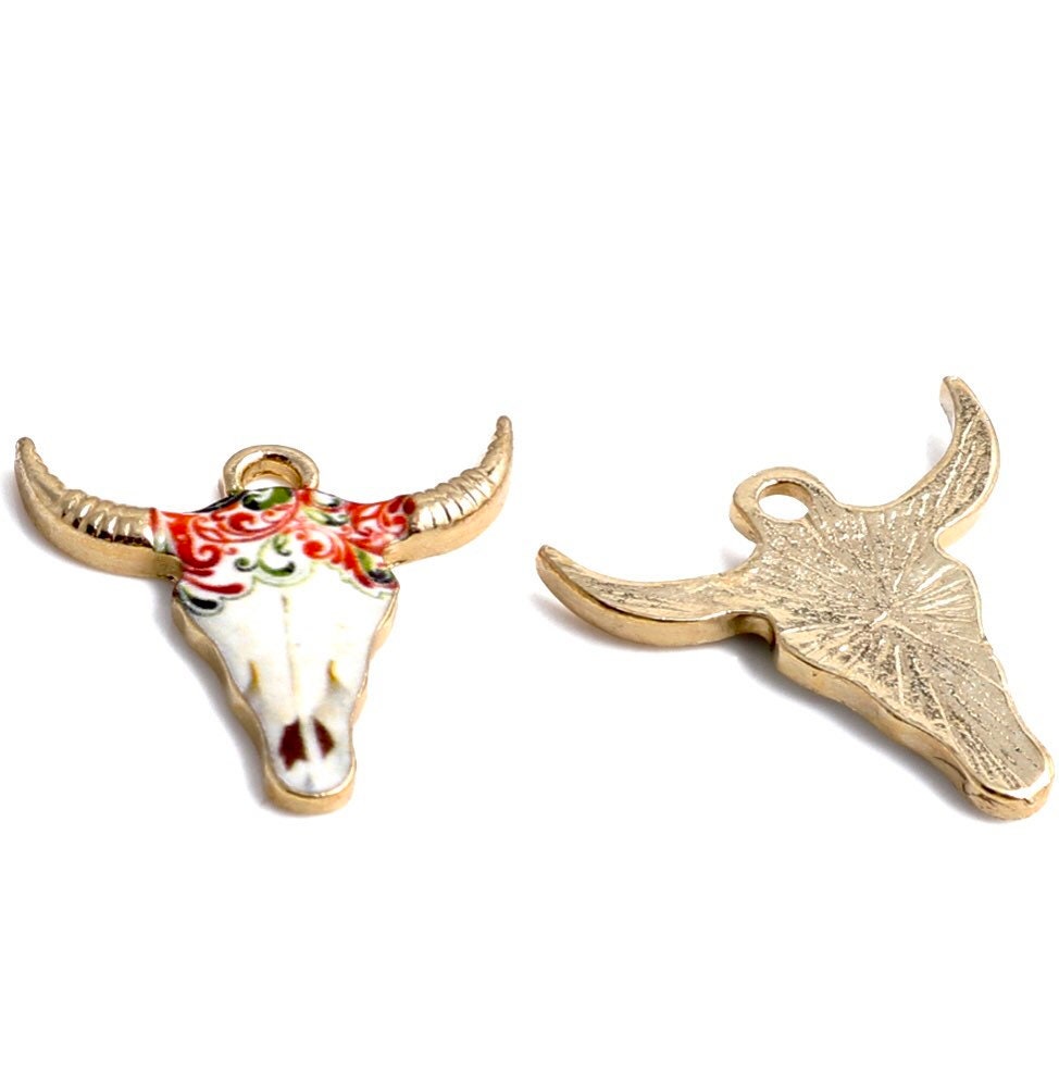 Cow head charm, enamel cow charms,  patterned cow head with gold plated backs, pink flowers