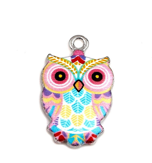 Owl charms, pink enamel colorful charm, silver backed bracelet and pendant charm