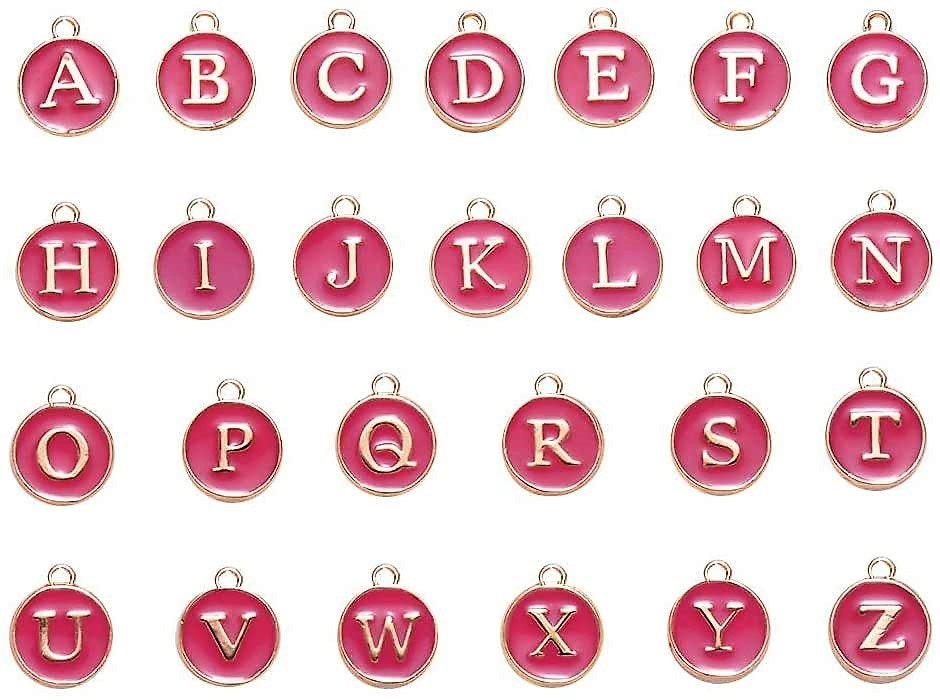 Pink enamel letter charms, full alphabet Set 26 charms, double sized with gold plated edges