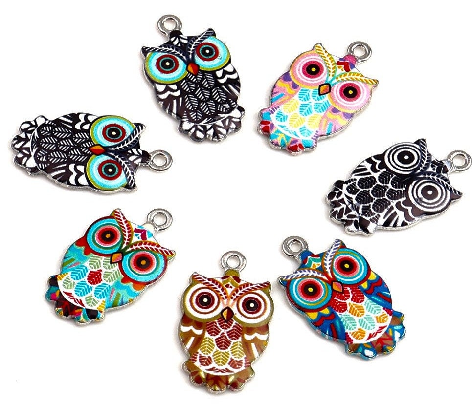 Owl charm, enamel patterned bird, black with blue and red eyes, silver metal charm , bracelet and pendant charm