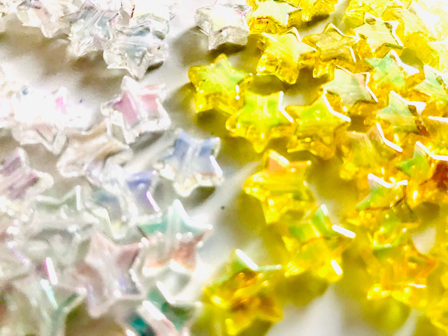 Star bead, acrylic Yellow or clear AB spacer bead with iridescent sheen