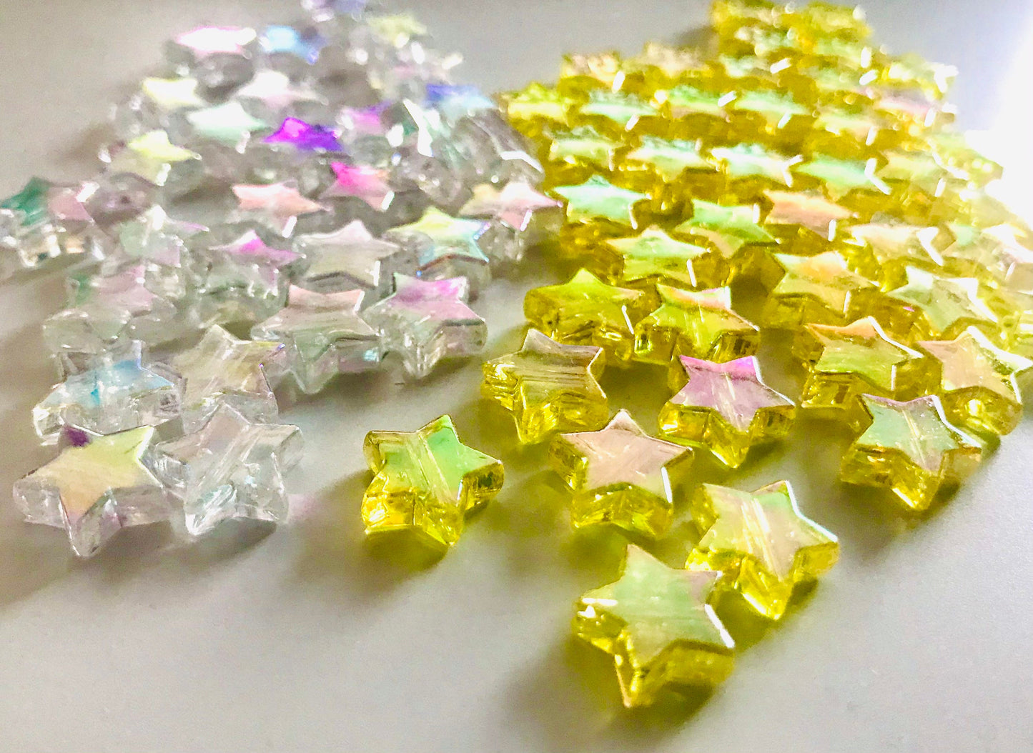 Star bead, acrylic Yellow or clear AB spacer bead with iridescent sheen