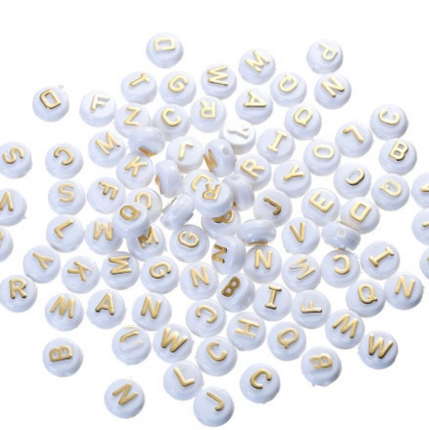 Large alphabet bead, 10mm white with gold letter beads , big initial beads