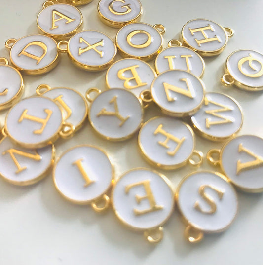 Enamel white letter set, full Alphabet Set 26 charms,  double sided bridal charms for DIY crafts,  white gold plated metal alloy