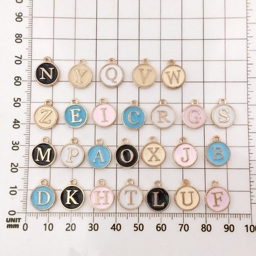 Pink enamel letter charms, full alphabet Set 26 charms, double sized with gold plated edges