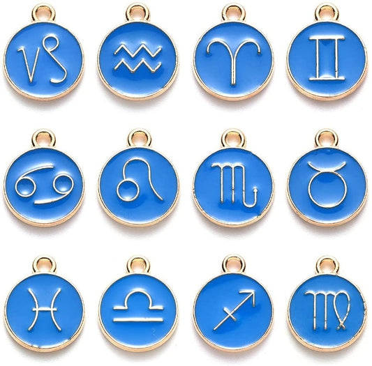 Zodiac Enamel blue charm set, 12 double-sided charm with two different images on each side