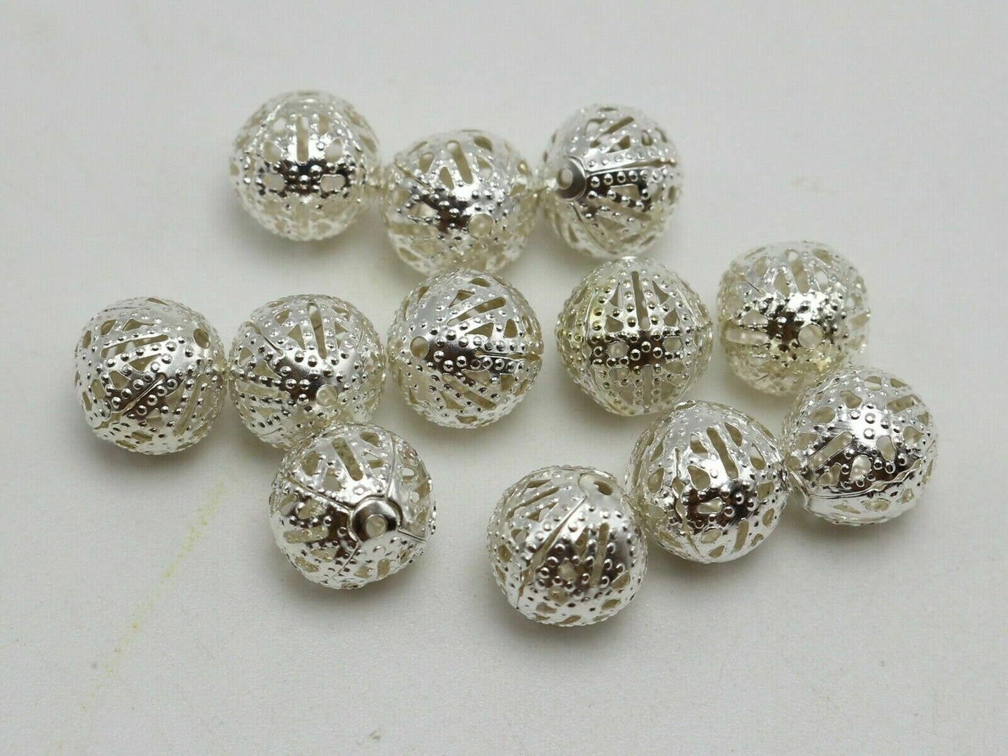 Silver plated filigree bead, 10mm hollow metal bead spacer lot