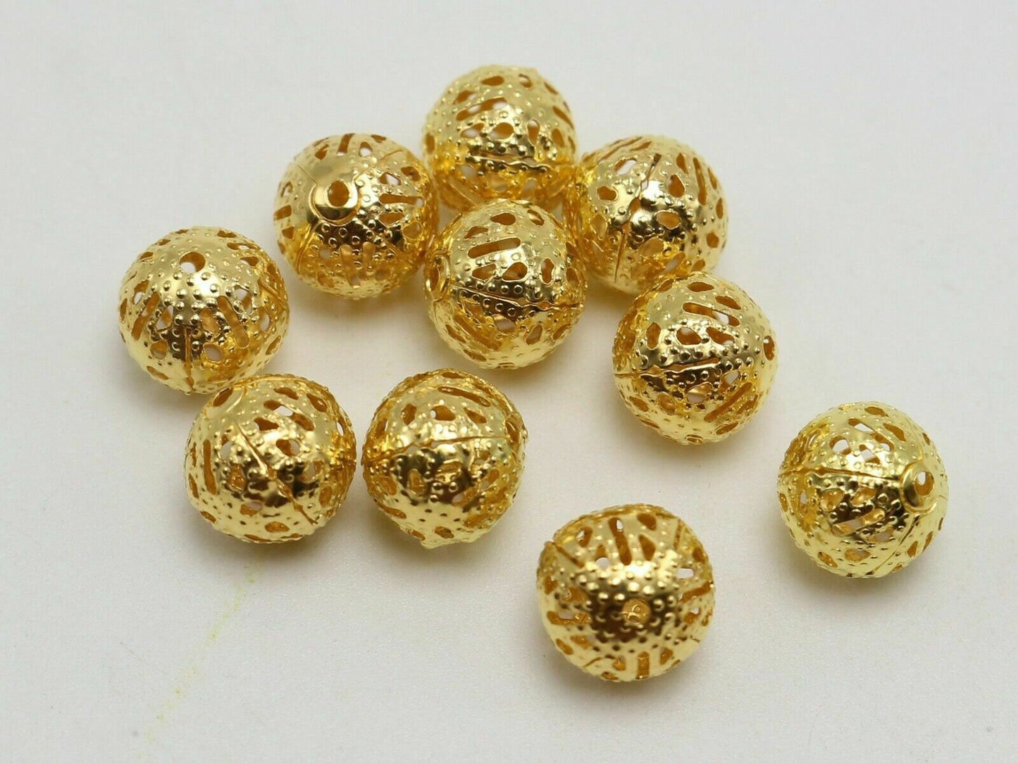 Gold filigree beads,  10mm hollow metal spacer bead lightweight scroll pattern