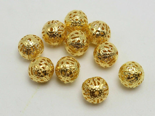 Gold filigree beads,  10mm hollow metal spacer bead lightweight scroll pattern
