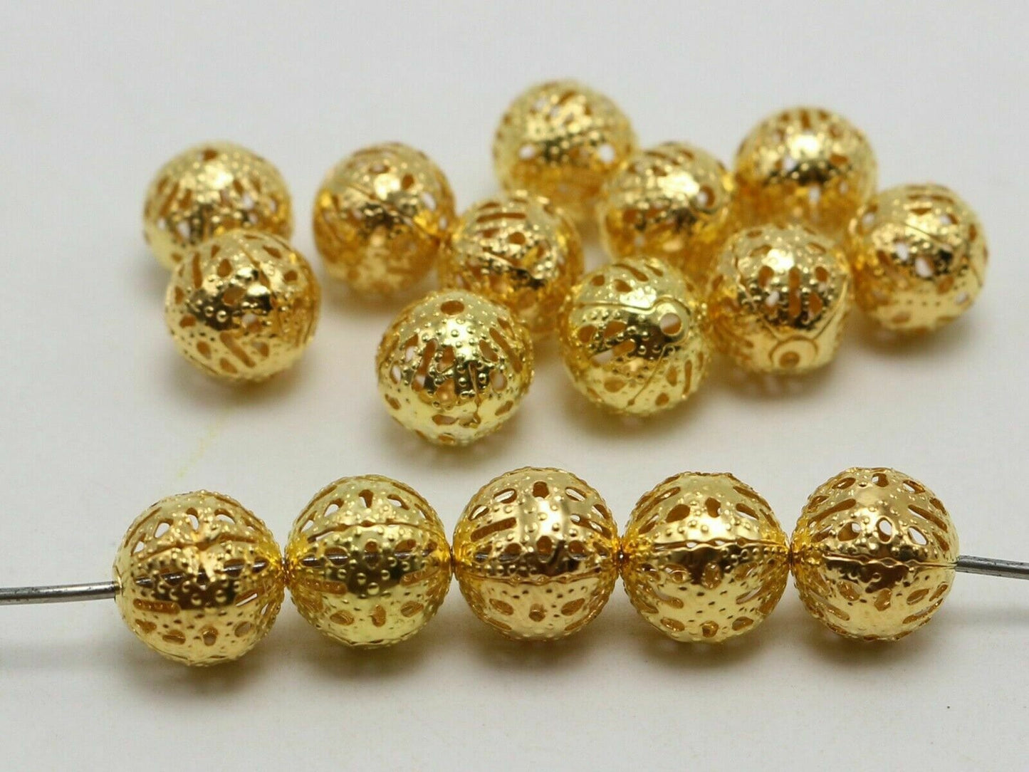 Gold filigree beads,  10mm hollow metal spacer bead lightweight scroll pattern