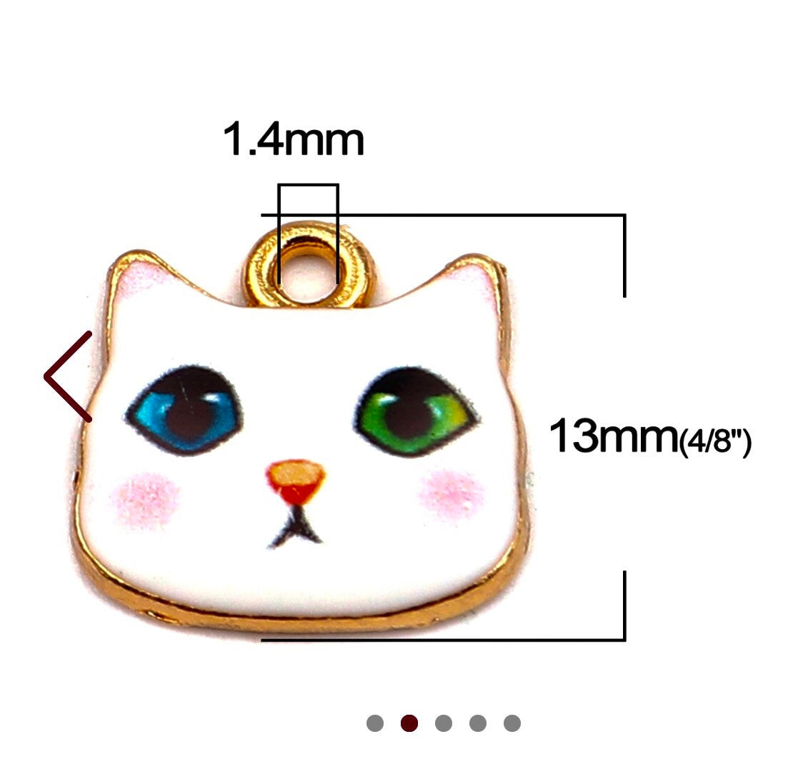 white cat face charm with two different color eyes , enamel cat charm with gold back