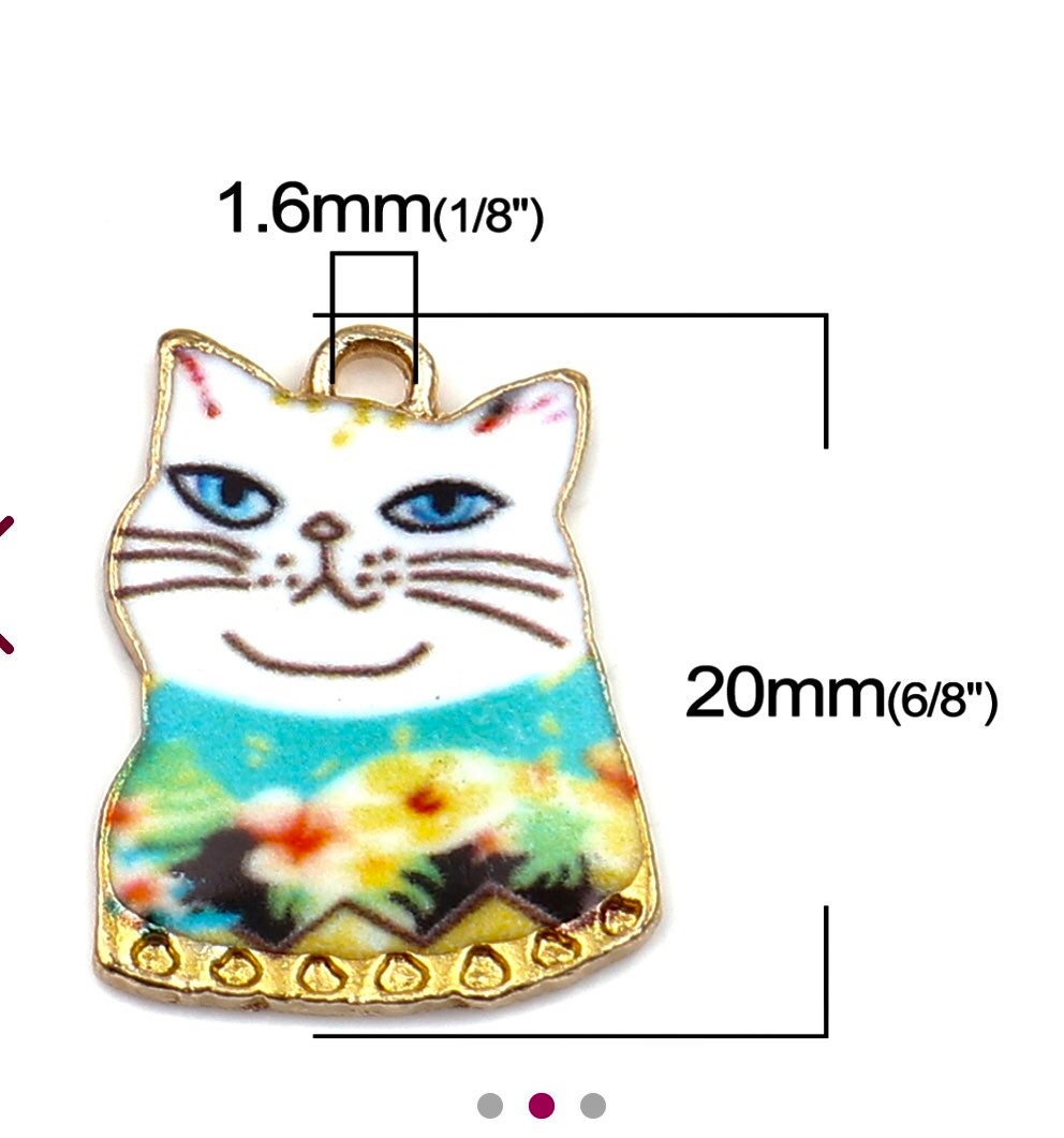 White cat charm, cat with hawaiian shirt,  whimsical summer cat charm,  gold backed charm