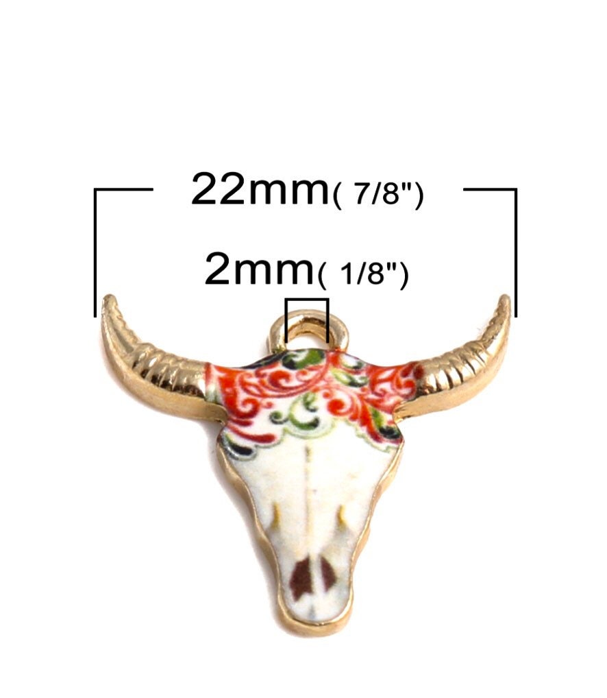 Cow head charm, enamel cow charms,  patterned cow head with gold plated backs, pink flowers