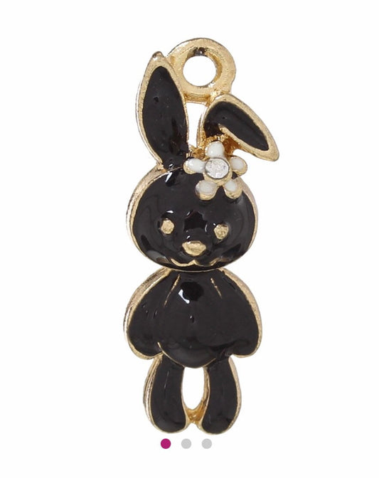 Black bunny charm, enamel rabbit pendant charm gold backed metal charms with rhinestone flower