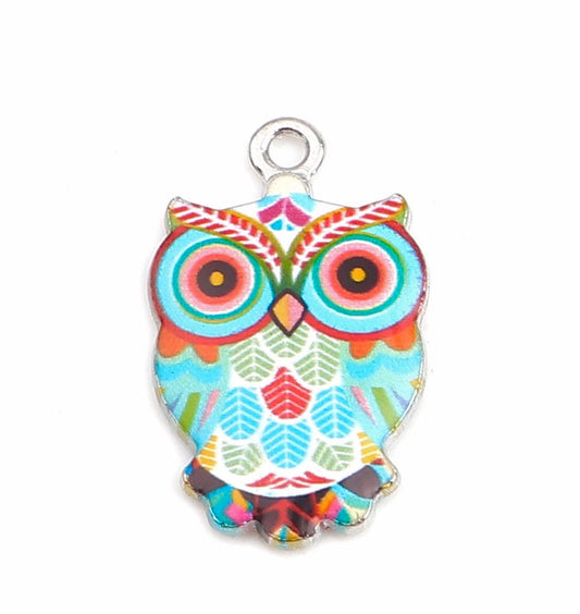 Blue owl charm. enamel patterned bird with red eyes, pendant and bracelet charm with silver back