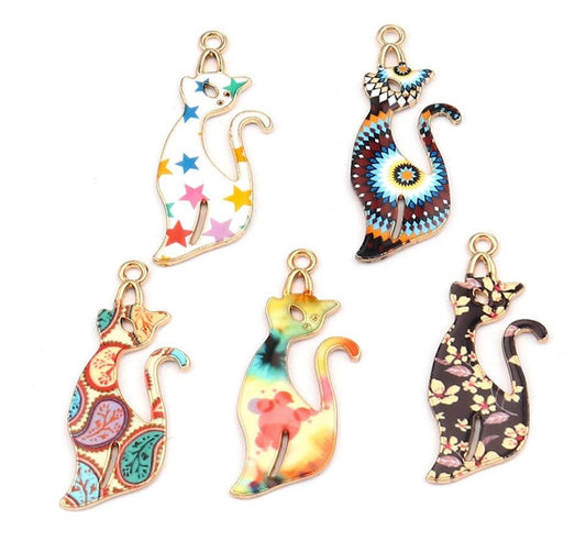 Cat charm silhouette, large enamel cat , tall pendant or keychain charms assorted patterns and colors