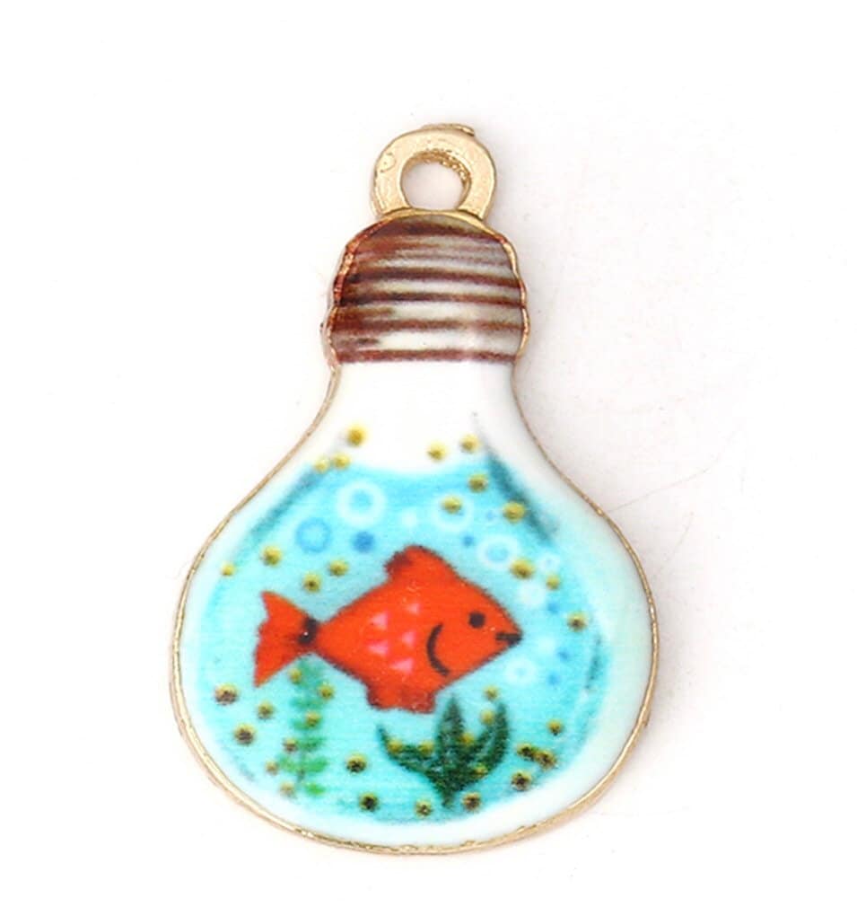 Orange goldfish in lightbulb bowl charm fish in fishbowl charm lot blue bowl fish charm