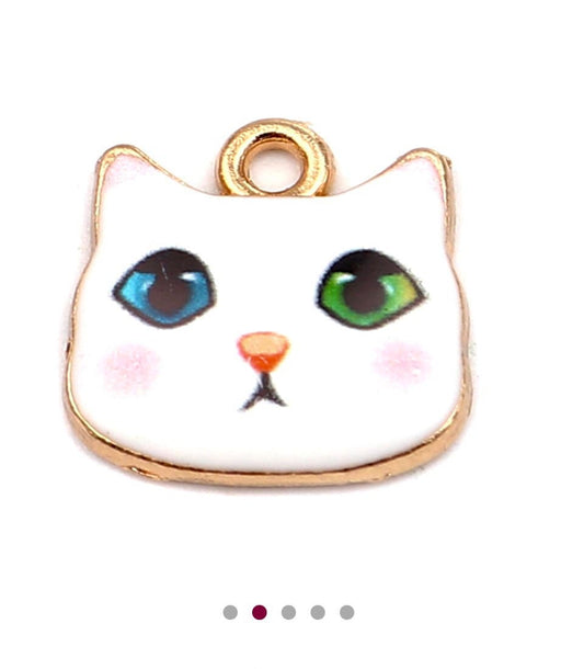 white cat face charm with two different color eyes , enamel cat charm with gold back