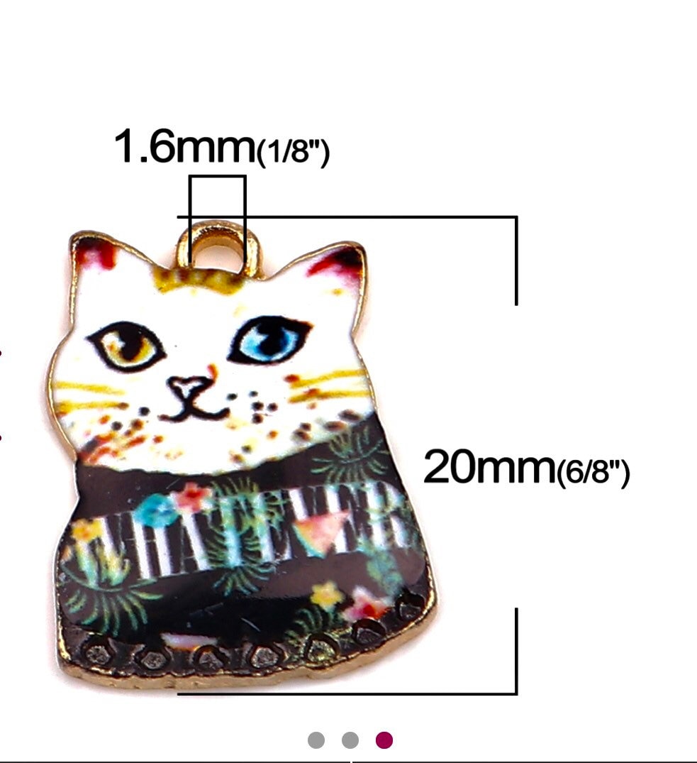 white cat  charm, enamel cat with black whatever shirt, whimsical cat , gold backed charm