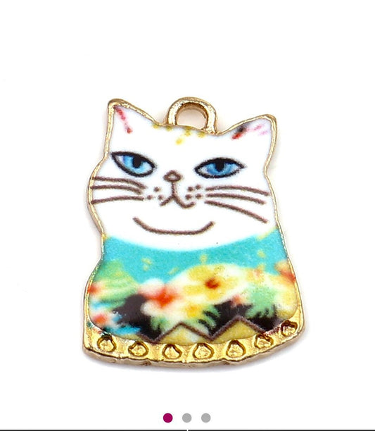 White cat charm, cat with hawaiian shirt,  whimsical summer cat charm,  gold backed charm