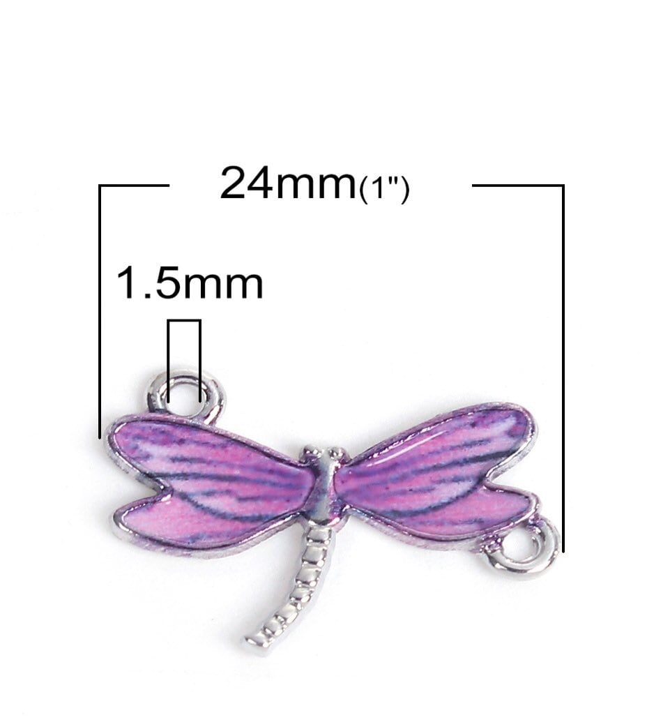 Dragonfly connector charm, purple and black enamel dragonflies with silver back