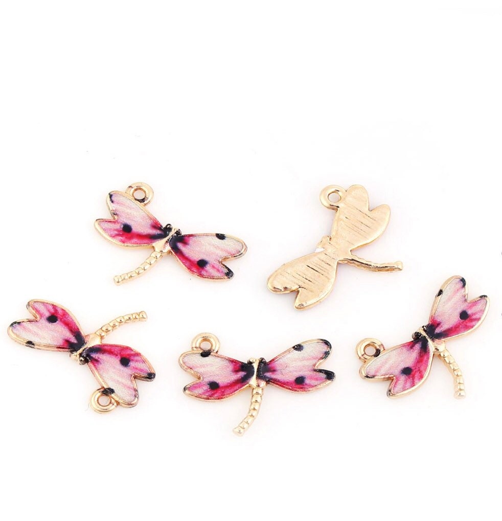 Dragonfly charms, pink enamel enamel dragonflies with gold plated back , spotted charm