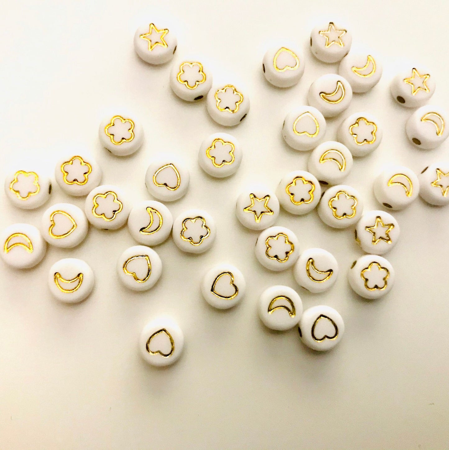 Galaxy white and gold bead lot symbol beads Beads Round white Acrylic Choose your pack size assorted moon star heart beads outlines