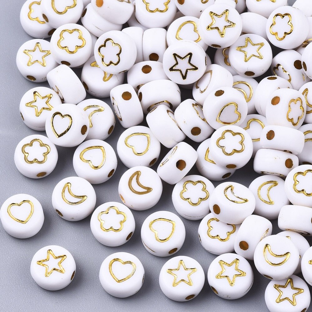 Galaxy white and gold bead lot symbol beads Beads Round white Acrylic Choose your pack size assorted moon star heart beads outlines