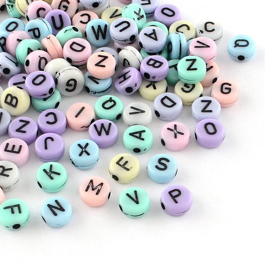 Alphabet letter , mermaid color mix with black letters,  Round Acrylic beads  light color sets assorted alphabet