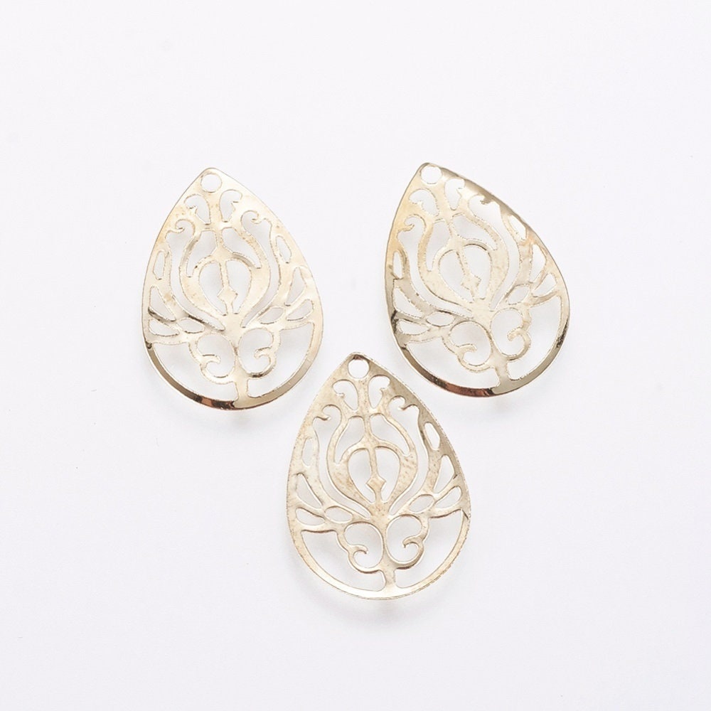 teardrop filigree Pendants, Teardrop, Golden, 20mm Etched Metal Embellishments light decorative filigree