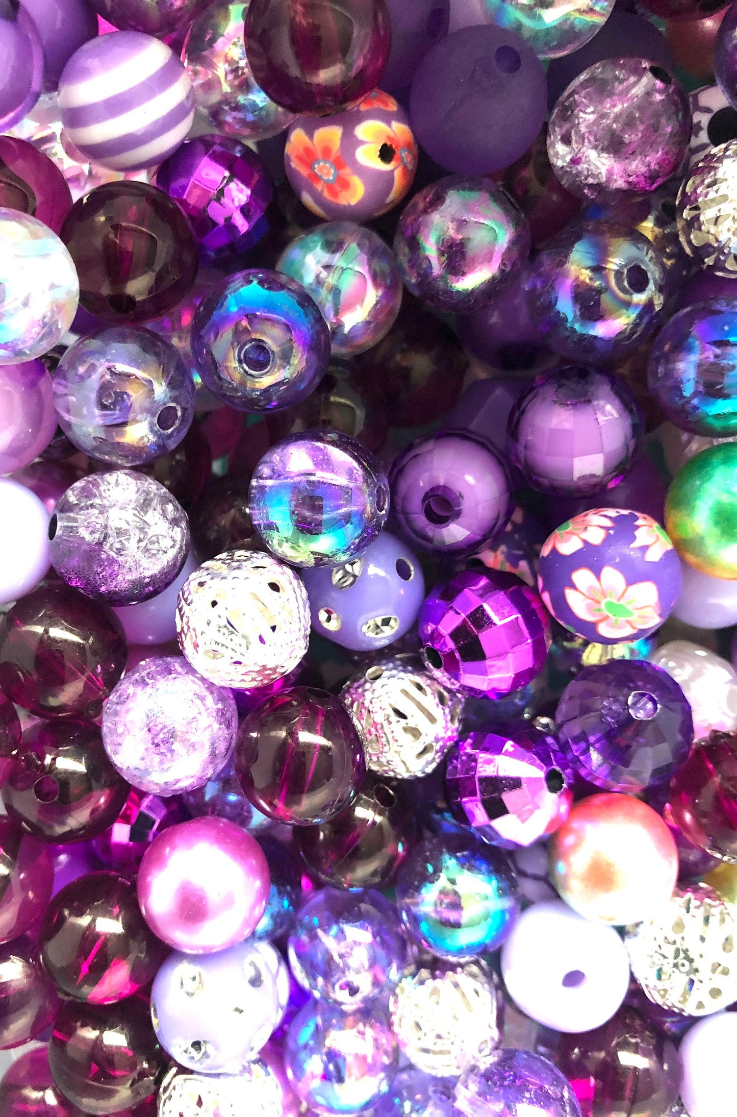 Purple bubblegum beads, 12mm acrylic  assorted mix Purple violet silver theme mix styles pick lot