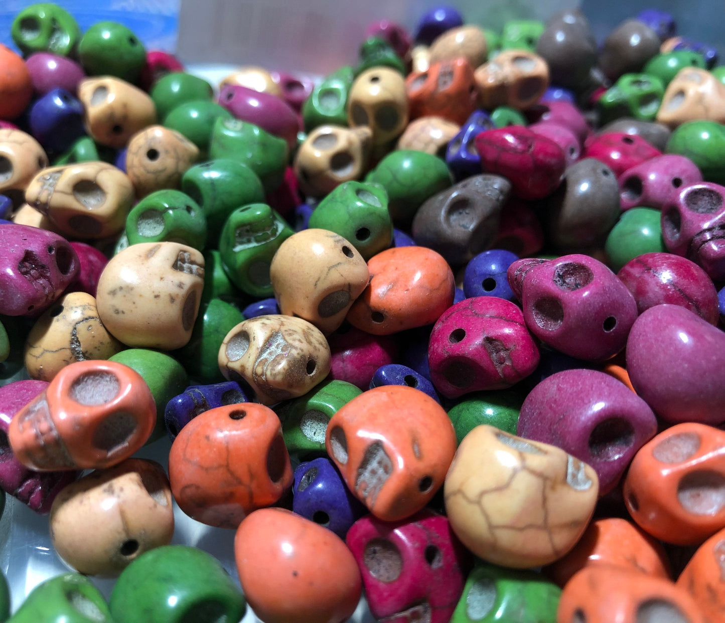 Howlite skull beads, assorted color Halloween skulls, stone type beads