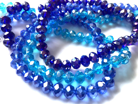 Faceted rondelle beads, 8mm rondelle glass beads, rondelle bead mix irridescent electroplate beads, full strand blue colors to choose from