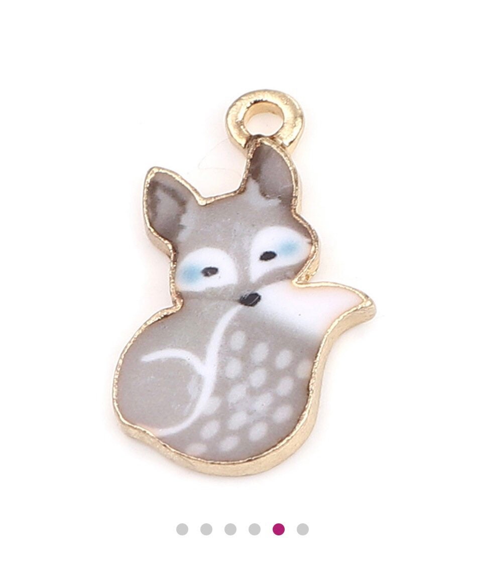 Fox charm, Grey enamel with white tipped tail and pattern, cottage core