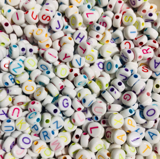 Alphabet letter Beads , white with assorted color letters,  7mm acrylic beads, choose your letter DIY or bulk beads Lot 2