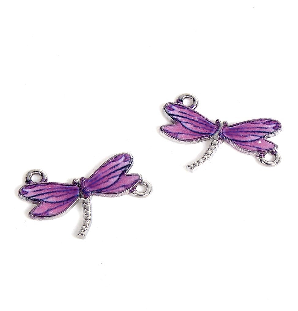 Dragonfly connector charm, purple and black enamel dragonflies with silver back