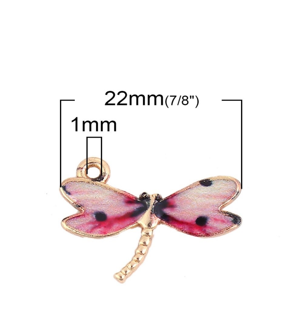 Dragonfly charms, pink enamel enamel dragonflies with gold plated back , spotted charm