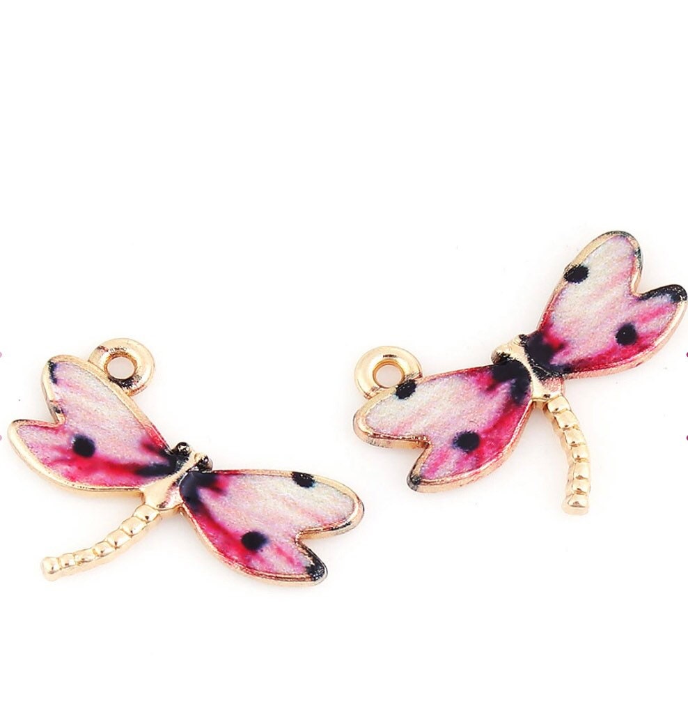 Dragonfly charms, pink enamel enamel dragonflies with gold plated back , spotted charm