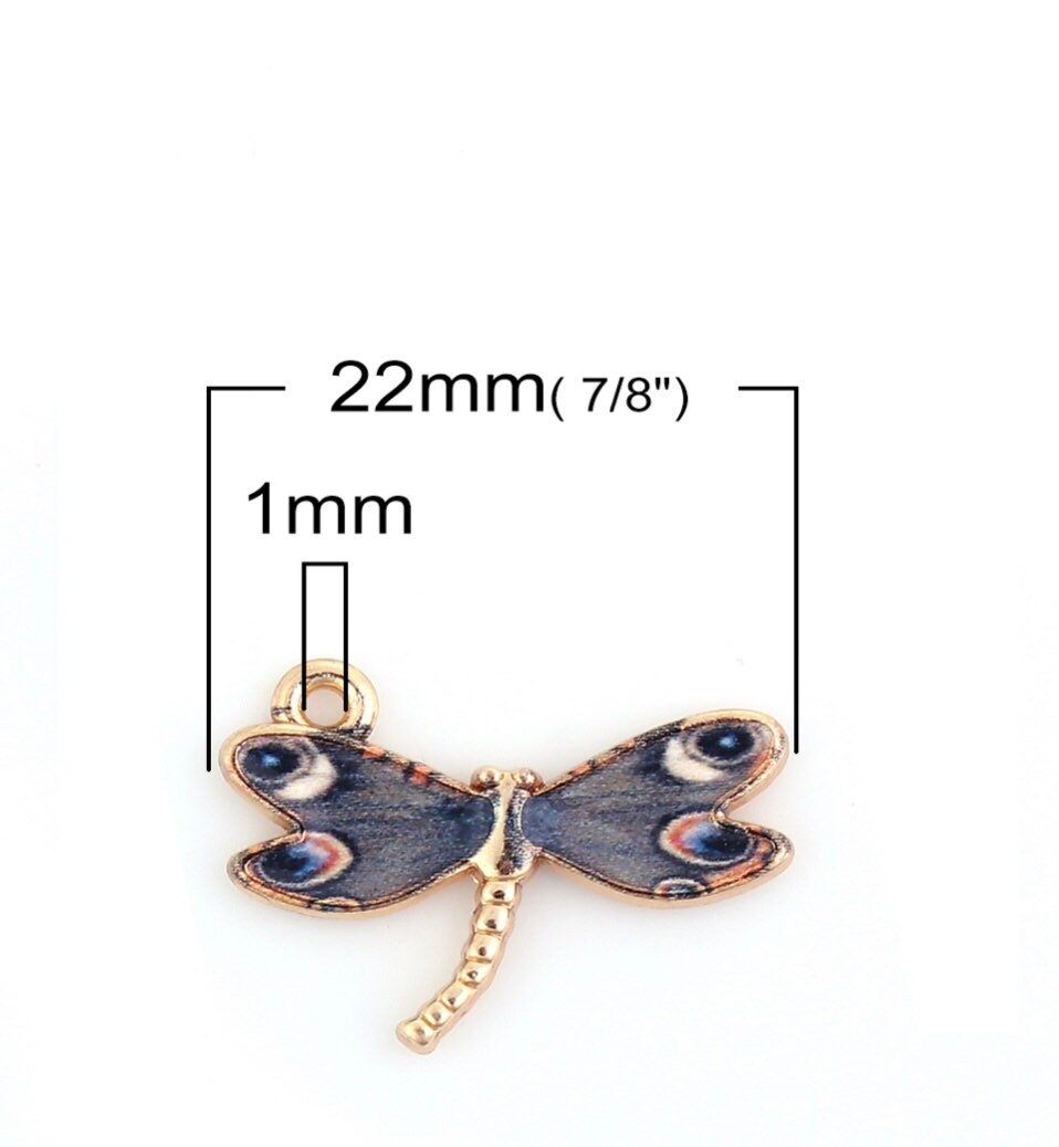 Dragonfly charms, gray enamel with black dots dragonflies with gold plated back