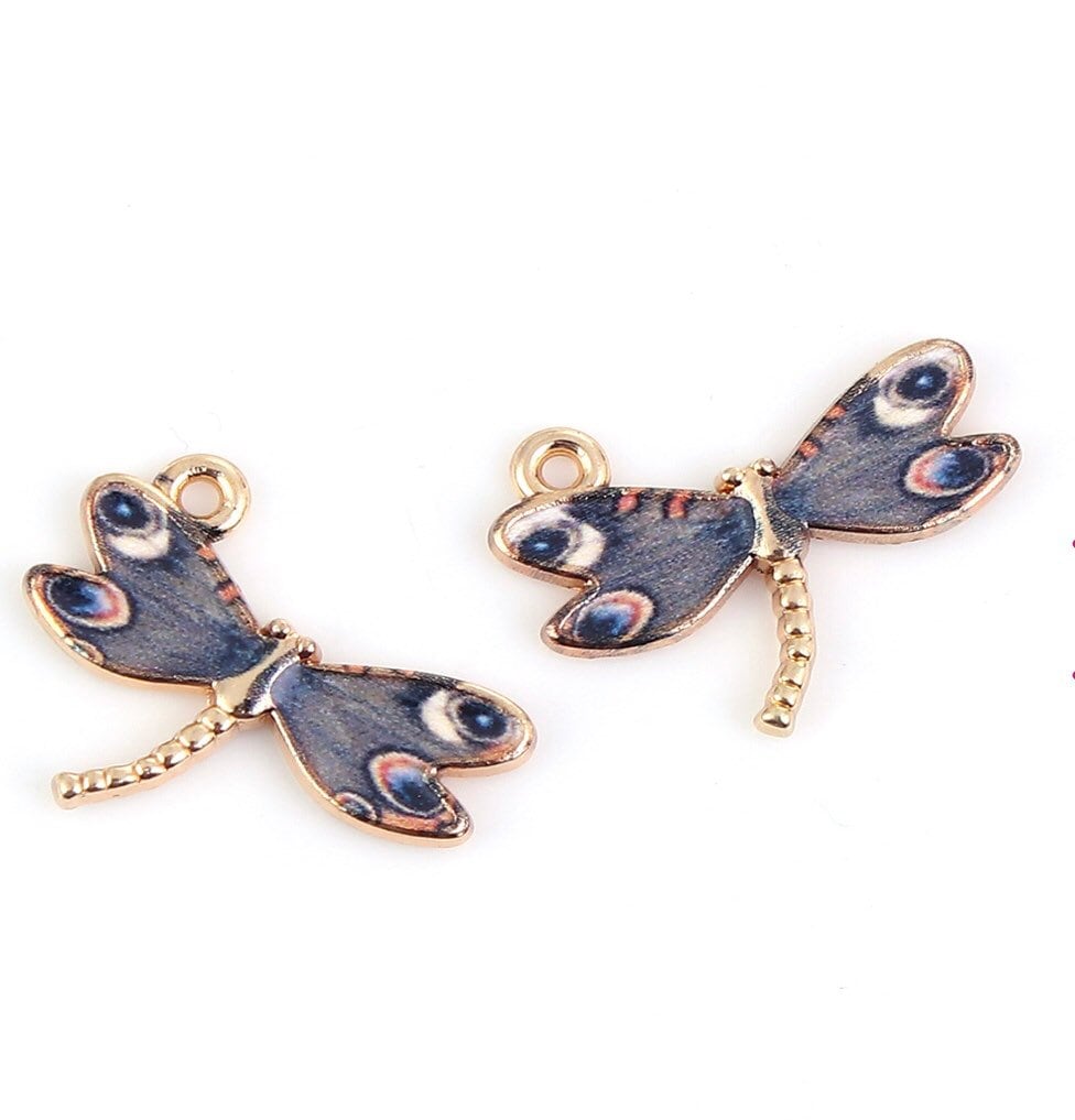 Dragonfly charms, gray enamel with black dots dragonflies with gold plated back