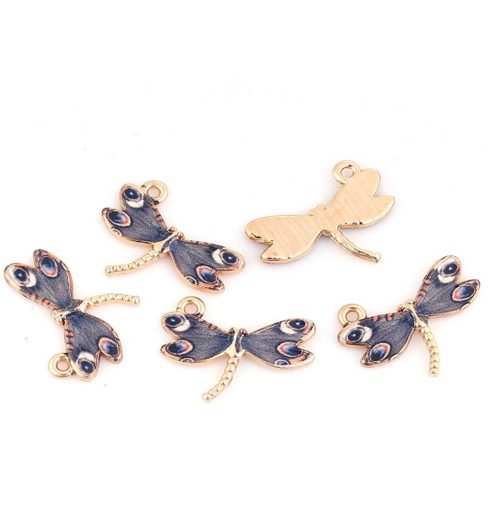 Dragonfly charms, gray enamel with black dots dragonflies with gold plated back