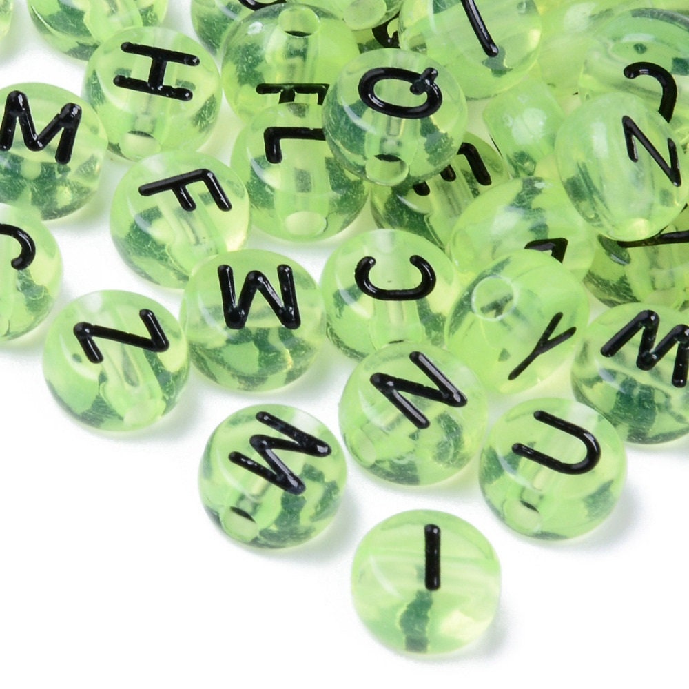 Alphabet bead, clear green with black letter , 7mm round letter beads,  choose your letter or bulk beads, DIY bracelet beads