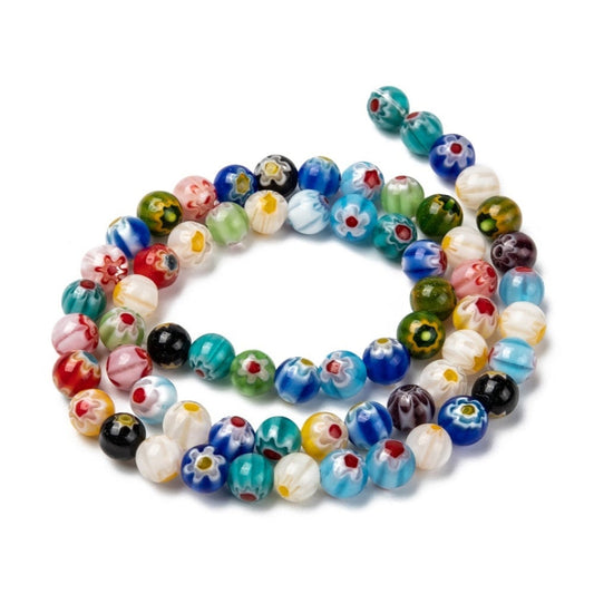 Flower bead strand Millefiori Murano Glass 6mm assorted bead full strand Mixed Color Beads  Spacer fancy glass