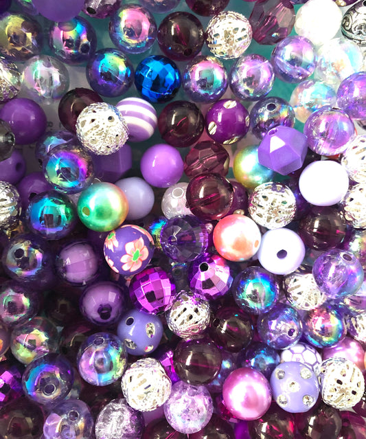 Purple bubblegum beads, 12mm acrylic  assorted mix Purple violet silver theme mix styles pick lot