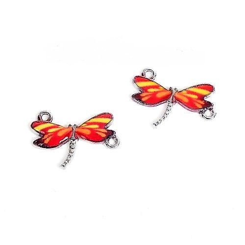 Dragonfly connector charms, red and black enamel dragonflies with silver back