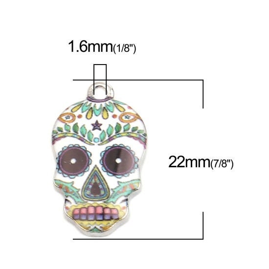 Day of the dead skull charm, white enamel skull with green pattern and silver back