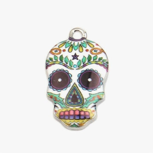 Day of the dead skull charm, white enamel skull with green pattern and silver back