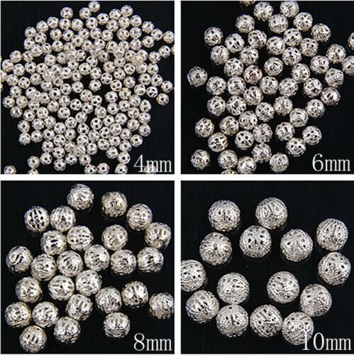 Silver plated filigree bead, 10mm hollow metal bead spacer lot