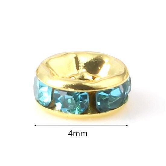 Rhinestone rondelle , 4mm gold  plated spacer bead, blue crystal bead